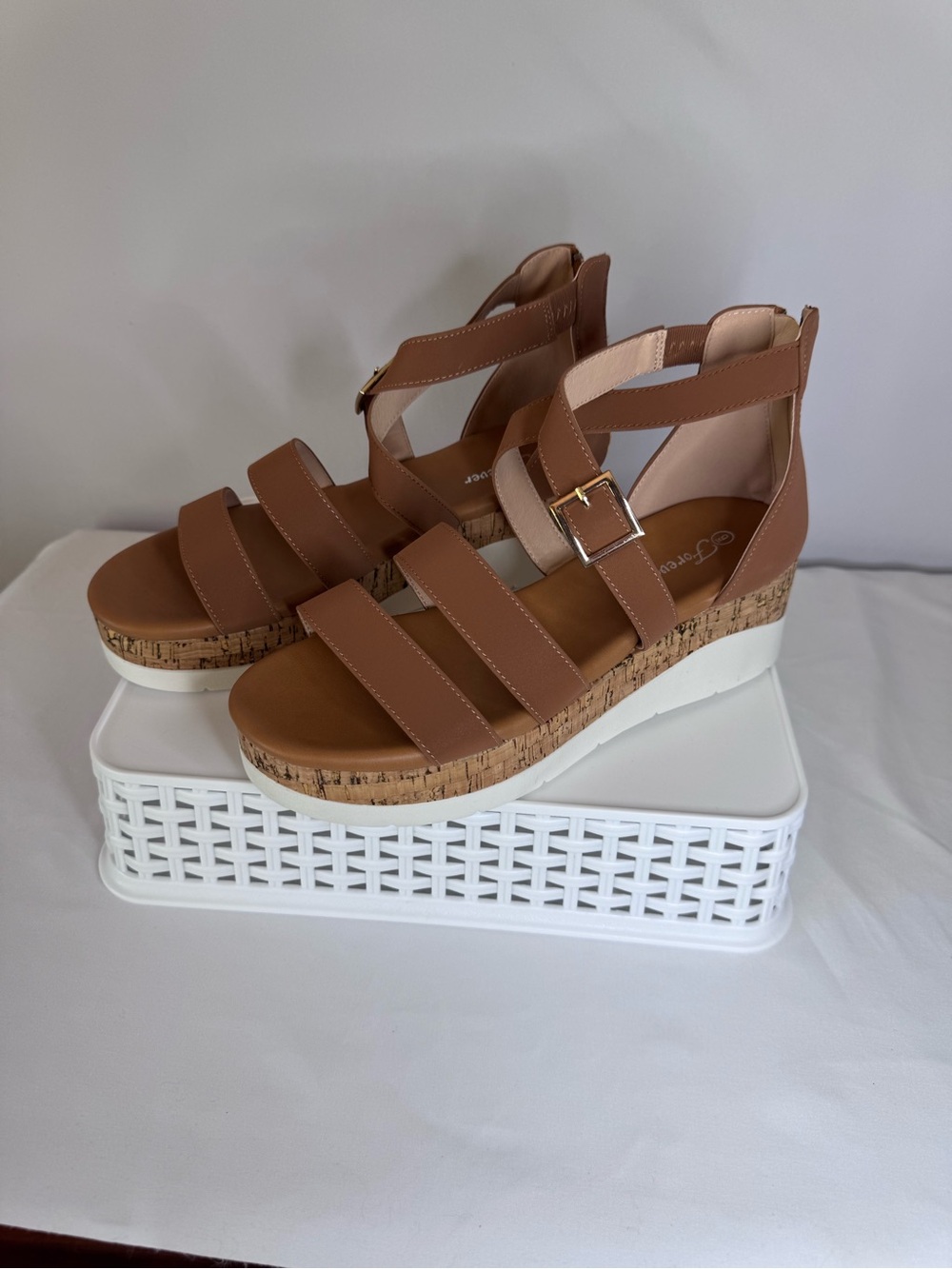 Wedge Strappy Sandal in Brown - Comfortable Cork Platform Size9